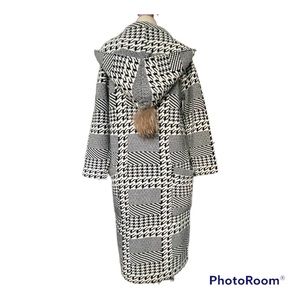 *Clearance* Kedian Long Wool Blend Peacoat Oversized Houndstooth and Pompom